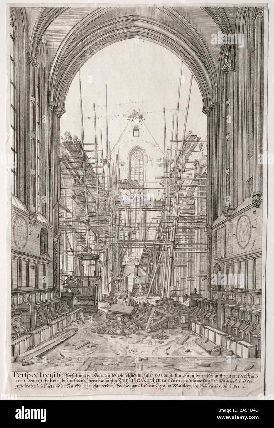 LArt Ancien Zurich: View in the Church of the Franciscans, Barf&#xfc;sser-Kirke, 1681. Stock Photo
