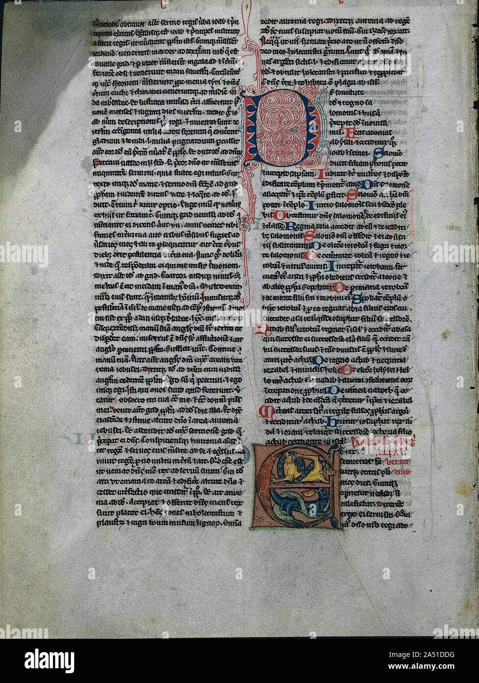 Leaf from a Bible: Initial E: Entwined Lions and Serpents (1 of 2 Excised Leaves), c. 1225-50. This pair of leaves from the same one-volume Bible have been traditionally associated with the Benedictine Abbey of Glastonbury in southwest England. It is known that the Bible once belonged to the English antiquary and collector, Roger Gale (1672-1744), whose library of 450 manuscripts once included two of the surviving 35 books from Glastonbury Abbey. Until its dissolution in 1539, Glastonbury was one of the greatest and wealthiest abbeys in Europe. Given its vast wealth and the recorded library li Stock Photo
