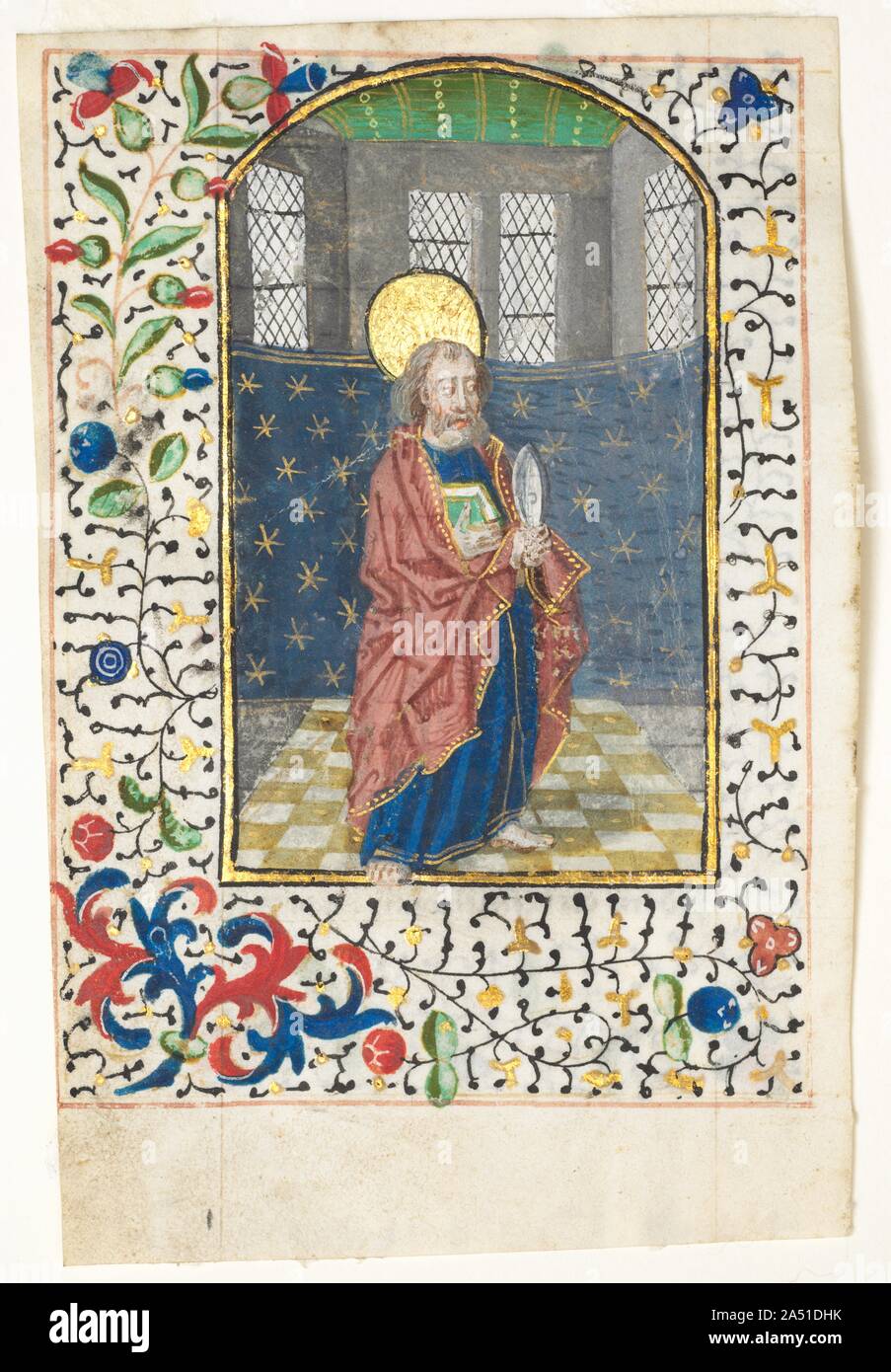 Leaf from a Book of Hours: St. Bartholomew, c. 1440-1460. Little is known of the life or acts of Saint Bartholomew, one of the twelve apostles. The Golden Legend records the tradition that Bartholomew preached in India and Armenia after Christ&#x2019;s resurrection. It was in Armenia that the saint was martyred by being flayed alive. His attribute in art, as shown here, is typically a knife, the instrument of his death. The saint is shown standing within an architectural interior with a paneled ceiling, leaded windows, tiled floor, and a hanging cloth embellished with stars. The artist has not Stock Photo