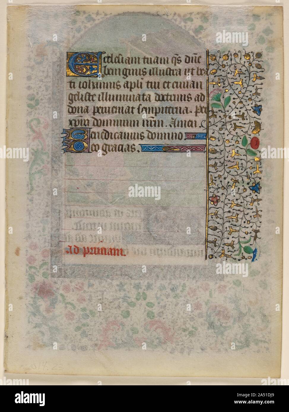Leaf from a Book of Hours: Text (verso), c. 1430. Representing God's entry into the world, the Nativity remains one of medieval painting's most poignant Christian images. In the Gospels, only Matthew and Luke directly described this event. Perhaps the brevity and absence of detail in these texts allowed artists to devote so much creativity to amplifying the Christmas story. This miniature's simplicity makes it compelling. Only the three principals&#x2014;Mary, Joseph, and the newly born Christ Child&#x2014;appear in the scene. The Virgin kneels before an elegant canopied bed made sumptuous by Stock Photo