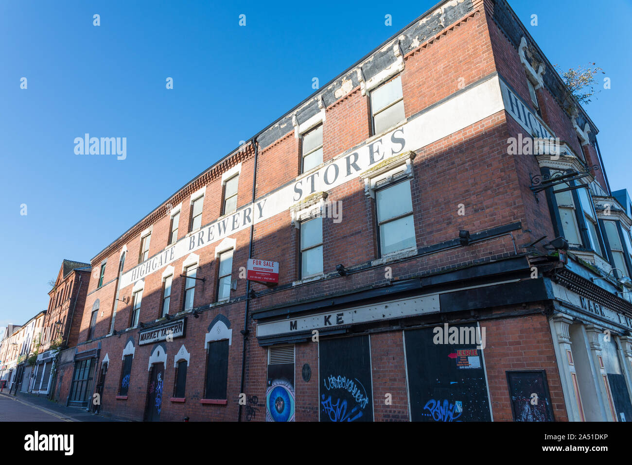 Derelict building which used to house Market Tavern pub and Highgate Brewery Stores in George Street, Walsall in the West Midlands, UK Stock Photo