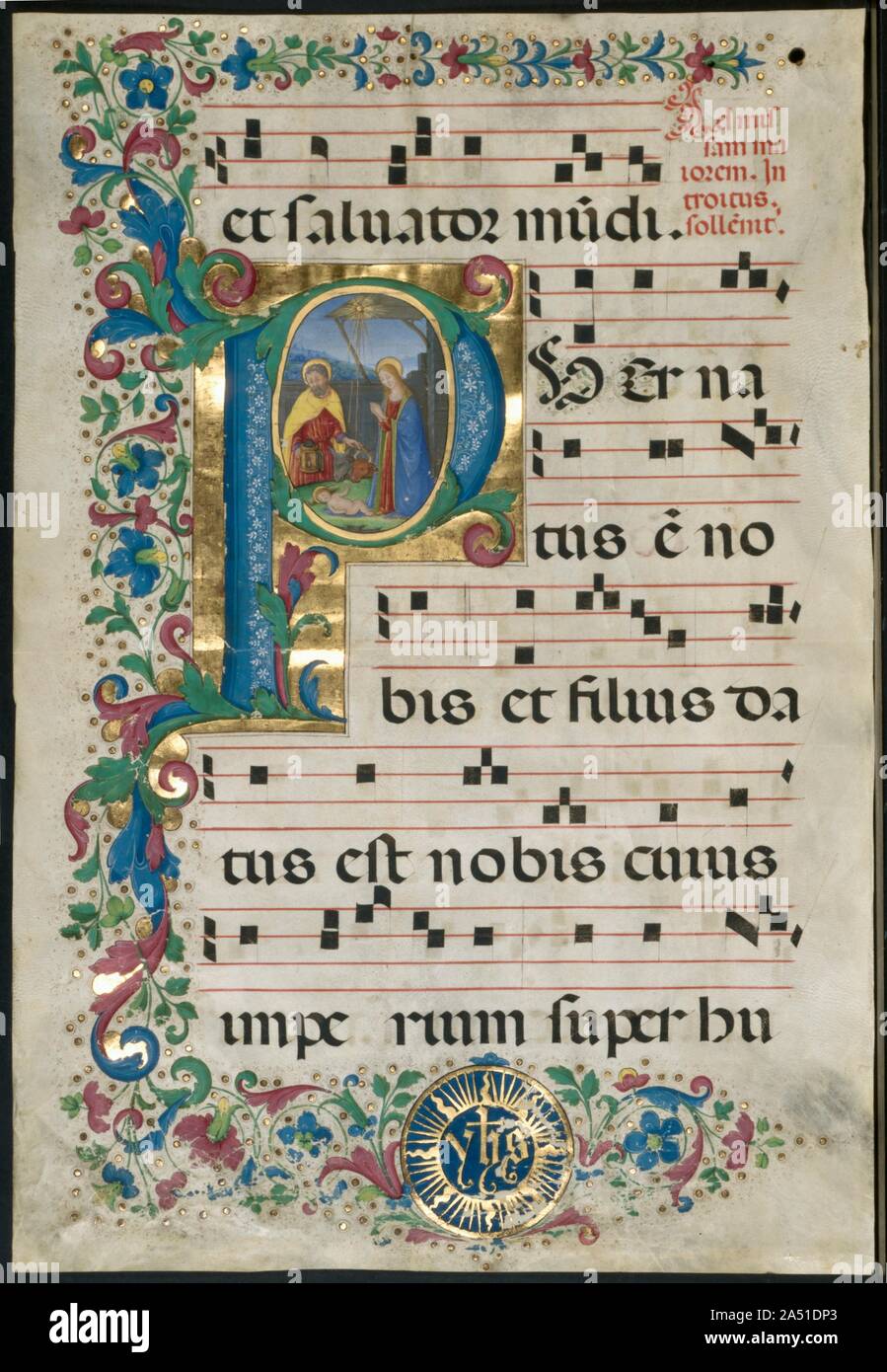 Leaf from a Gradual: Initial P with the Nativity, c. 1500. This beautiful initial P introduces the text Puer natus e[st] nobis, et filius datus est nobis (&quot;For a child is born to us, and a son is given to us&quot;) which marks the opening of the Introit for Christmas Day. The text, taken from Isaiah 9:6, continues, &quot;. . . and his name shall be called Wonderful.&quot; It is used to celebrate one of the most joyous events of the Christian Church&#x2014;the birth of Christ. This splendid leaf from a manuscript gradual contains the chants used for solemn high Mass on Christmas Day. The i Stock Photo