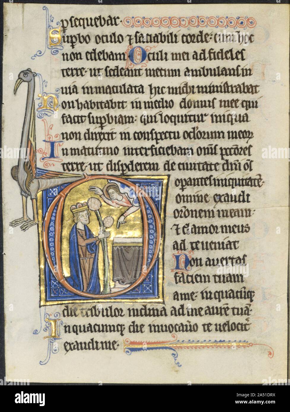 Leaf from a Psalter: Initial D: David in Prayer before an Altar and Christ in a Cloud (2 of 2 Excised Leaves), c. 1270-1280. An impressive eight-line initial represents a kneeling David praying before an altar amid stylized topiaries and set against a burnished gold ground. The text introduces Psalm 101:  Domine exaudi orationem meam  (Hear my prayer, O Lord, and let my crying come unto thee). Facial types for the figures are rather coarse, with hard lines and sharp expressions and very schematic drawing of the hair and poses are rigid and angular. Hard drapery patterns emphasize the triangula Stock Photo