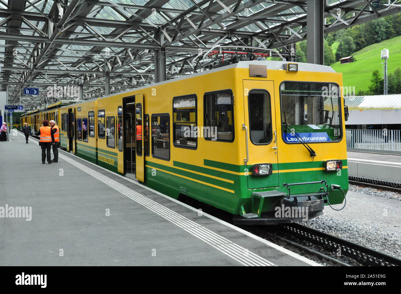 BoB narrow gauge train at platform 3, Lauterbrunnen railway station, Bernese Oberland, Switzerland Stock Photo