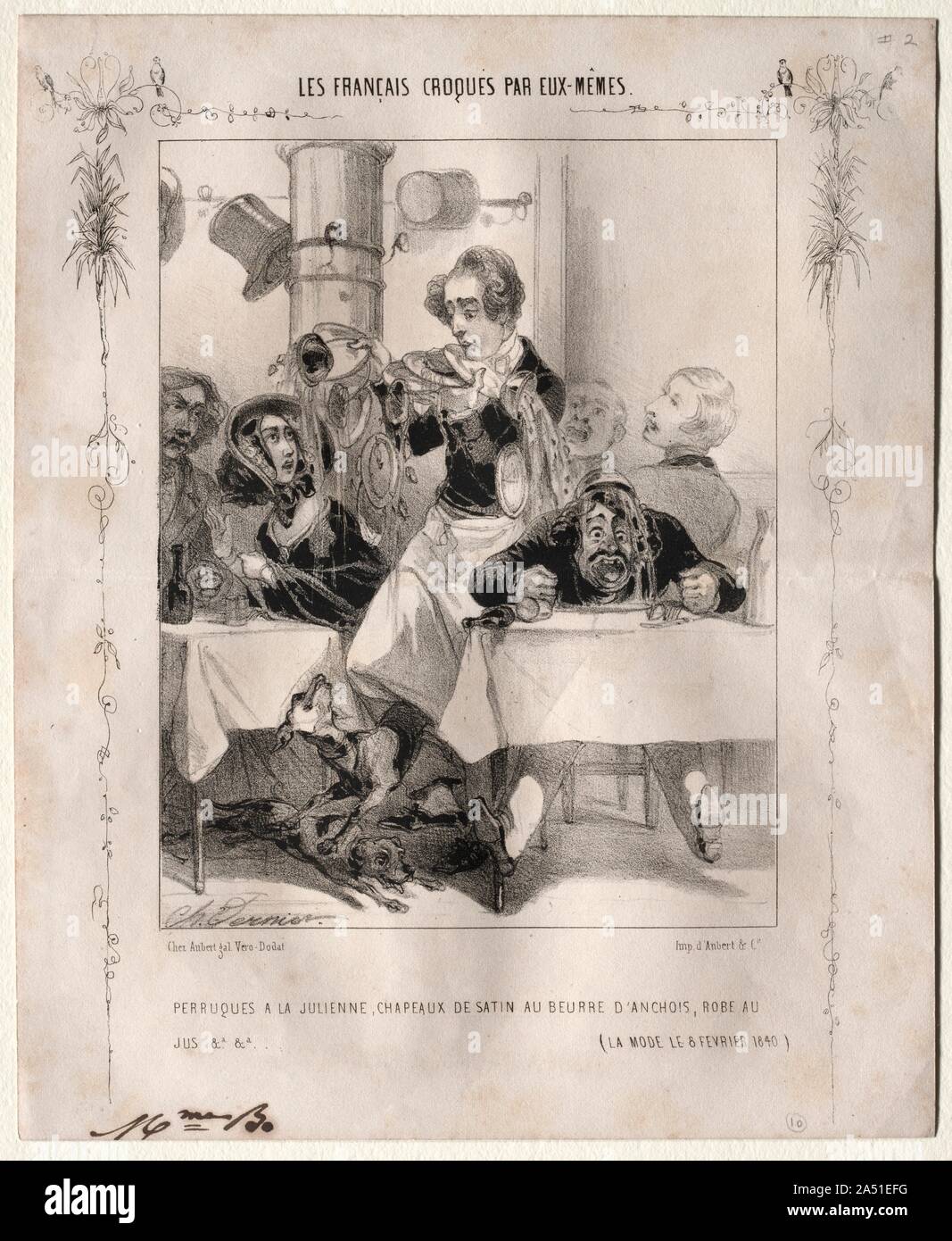 Les Fran&#xe7;ais croqu&#xe8;s par eux-m&#xea;mes: Perruques a la Julienne, Chapeaux de satin au beurre danchois, robe au jus, 1840. Stock Photo