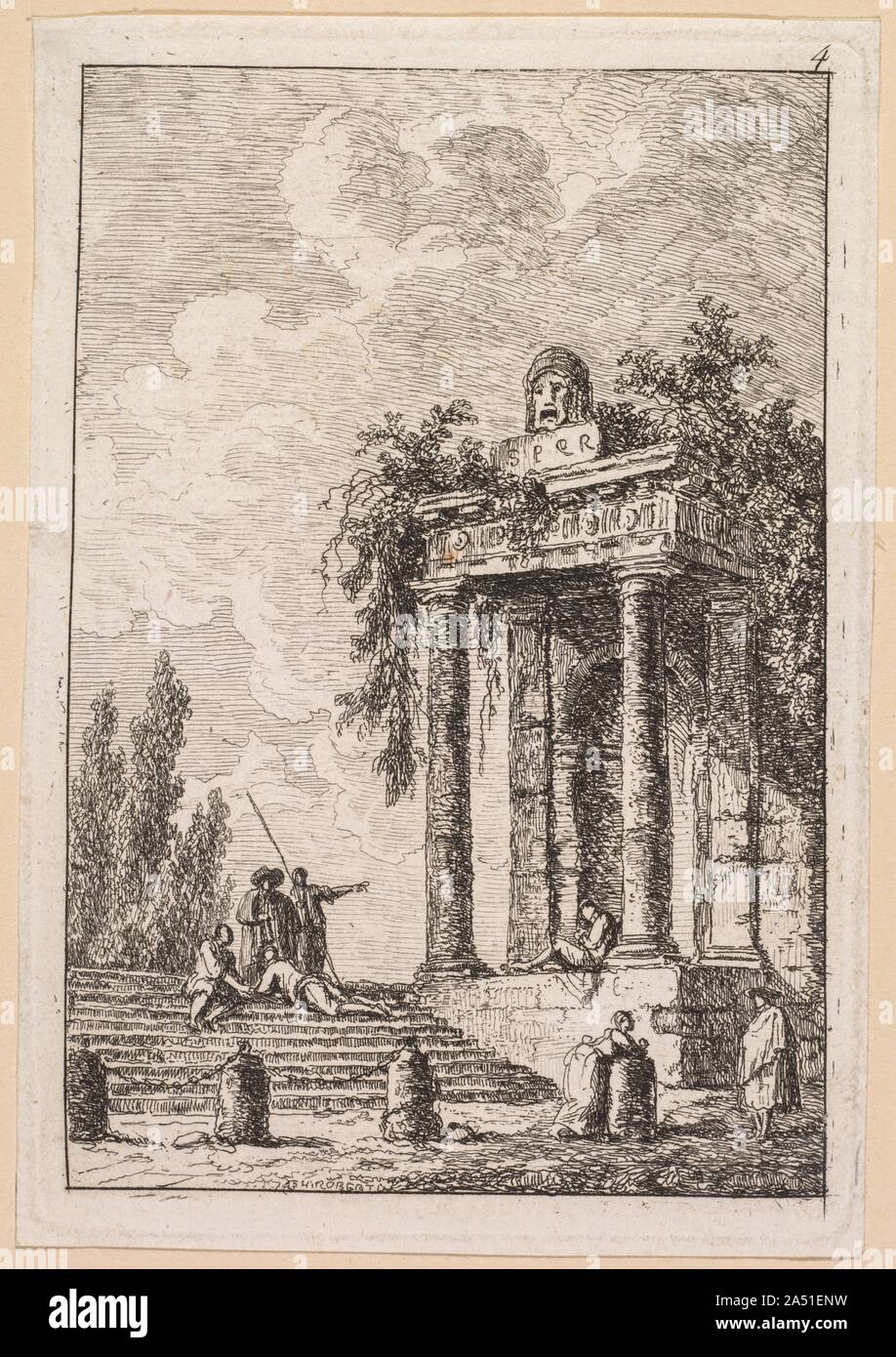 Les Soir&#xe9;es de Rome: LEscalier aux quatre bornes, 1763. Derived from his own pen-and-ink drawings, this suite of etchings features fictional characters situated near recognizable buildings and statues in Rome. On the title page, Robert dedicated the suite to Marguerite Le Compte, who visited Rome in 1764 in the company of the wealthy author and art enthusiast Claude Henri Watelet. Both Le Compte and Watelet were amateur etchers, and they socialized with a group that included artists and printmakers centered at the academies in Italy. Robert&#x2019;s dedication was likely motivated by the Stock Photo