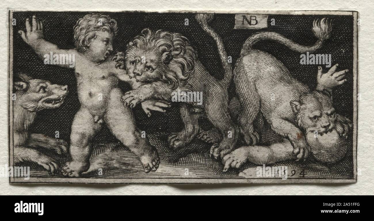 Lions Attacking Children, 1594. Stock Photo