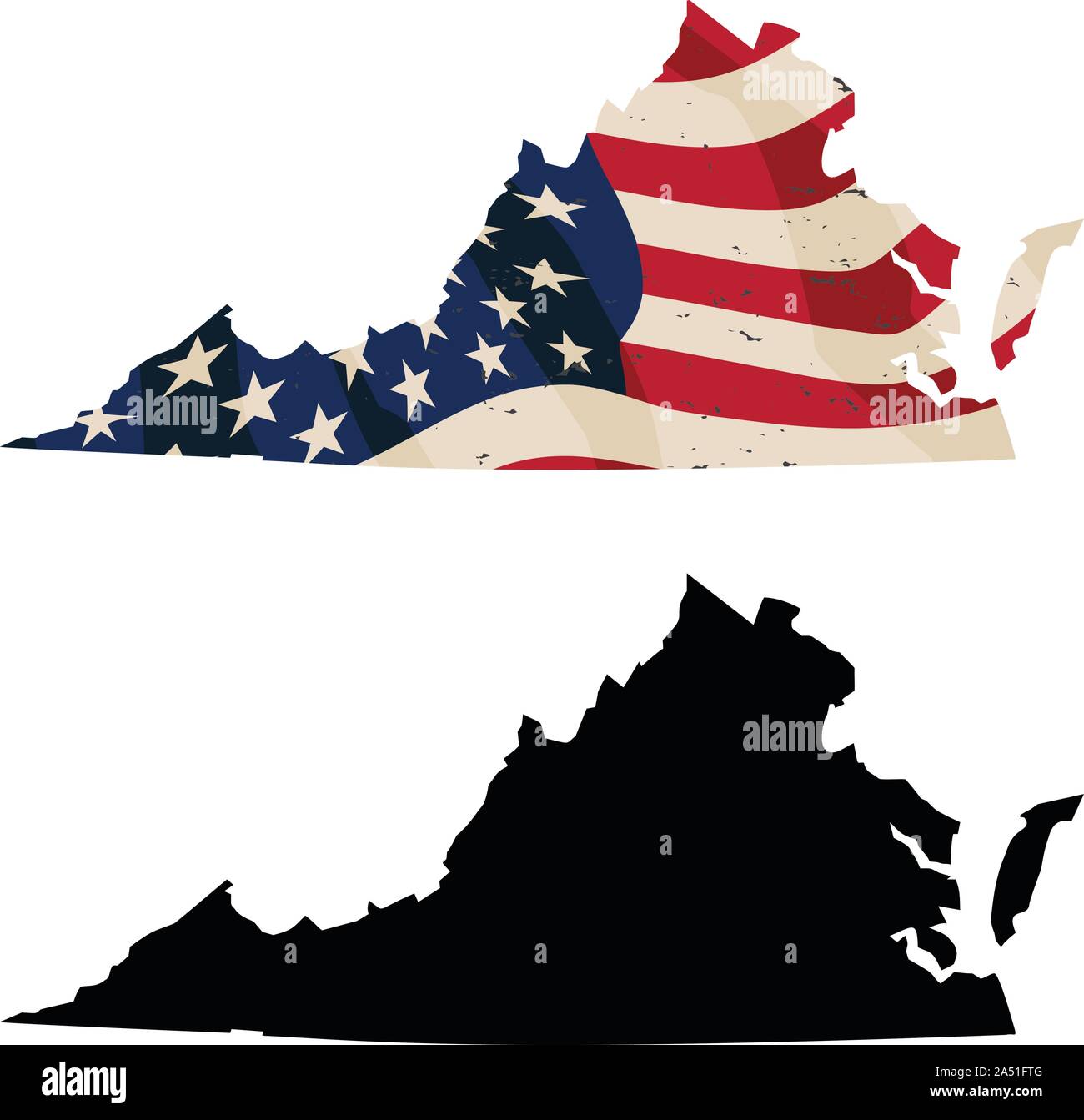 Virginia with aged USA flag embedded and black silhouette isolated vector illustration Stock Vector