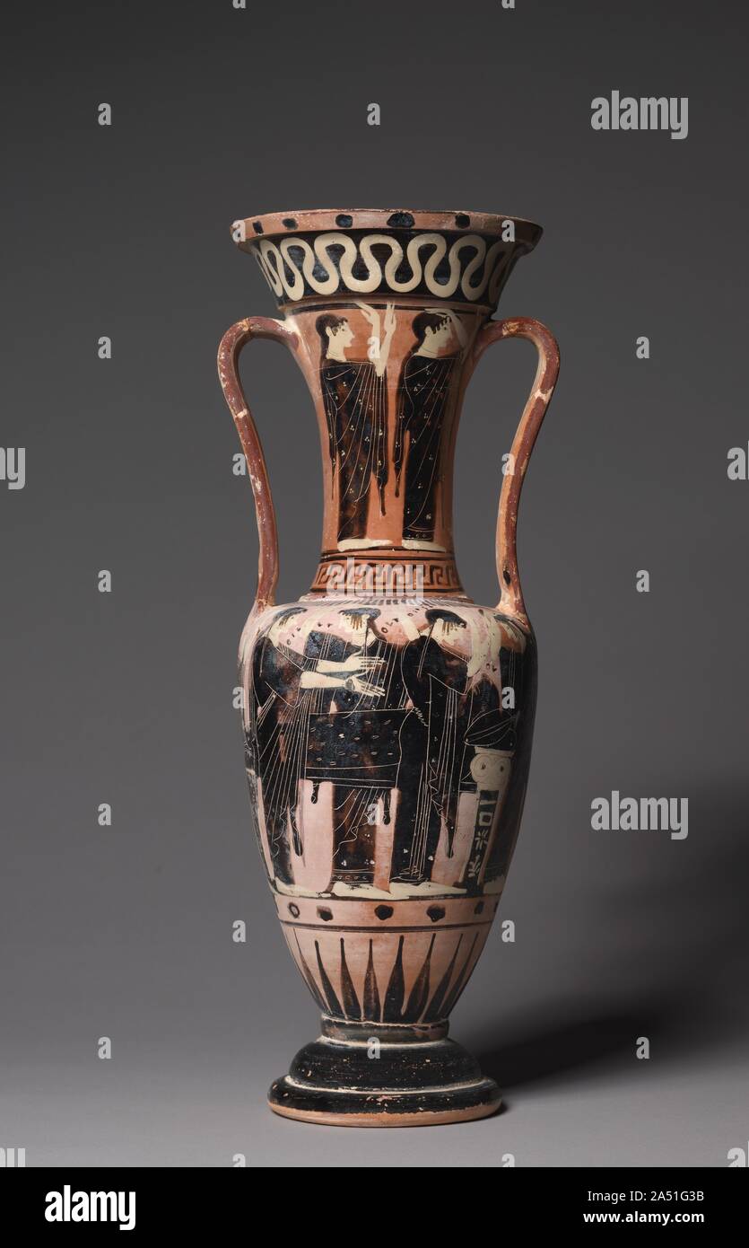 Loutrophoros, c. 500 BC. The loutrophoros was used to carry water from the sacred spring of Enneakrounos for use in a ceremonial bath before marriage. Therefore, these vases were placed over the tombs of unmarried persons for use in the afterworld. Neck: Mourning women (both sides) Front: Six women mourn before the funeral couch of a young man. Inscriptions above the women&#x2019;s shoulders do not form complete words. A loutrophoros had specific ritual uses. It was used for the bridal bath and also to wash the body of a deceased unmarried person before burial. Back: On the body is a line of t Stock Photo