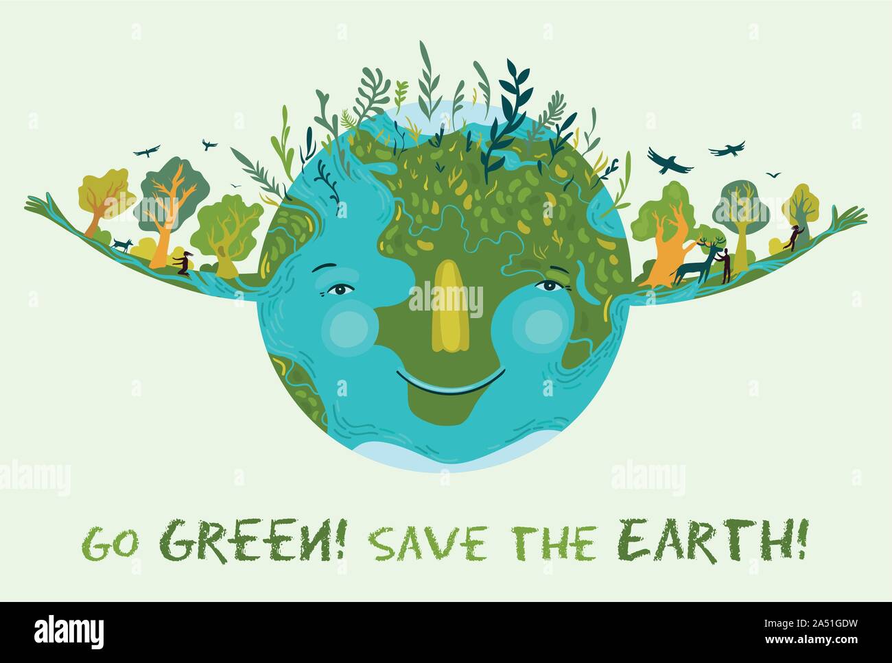 Illustration of cute, happy and prosperous Earth in harmony. Save and protect planet Earth. Conceptual ecological illustration for poster or banner. Stock Vector