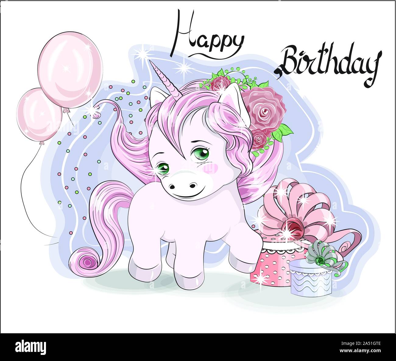lovely cute white unicorn. with gift. confetti and balloon, Happy