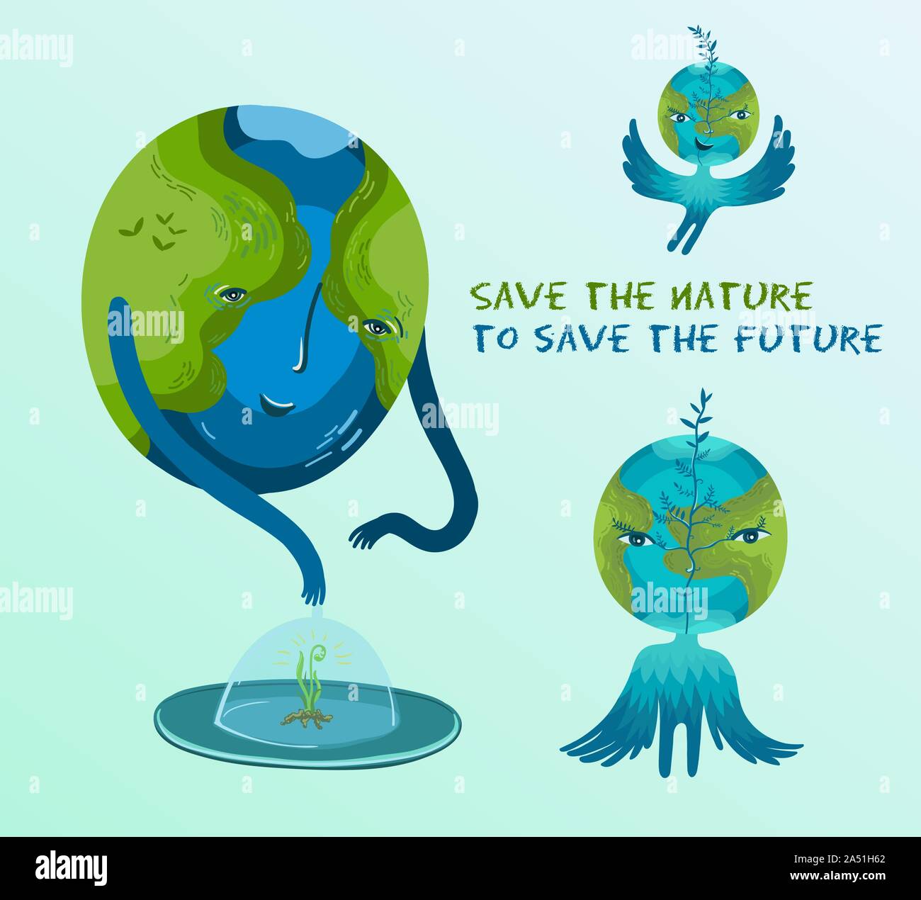 Save the nature to save the future. Vector illustration about the conservation of trees and plants on planet Earth. Cute character, conceptual illustr Stock Vector