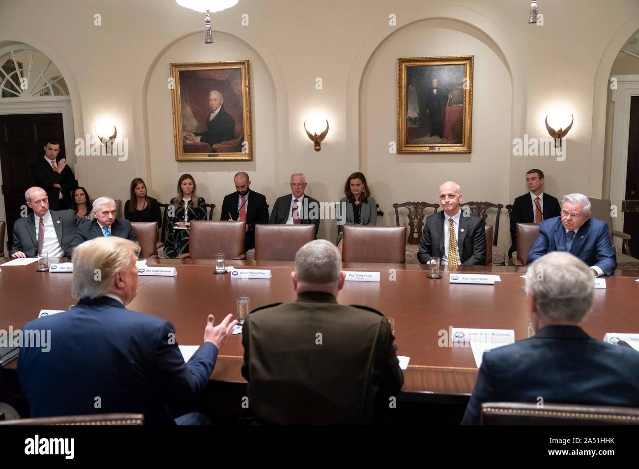 Washington, United States of America. 16 October, 2019. U.S President Donald Trump continues to hold a meeting on the crisis along the Turkish border after the Congressional Democratic leadership walked out in the Cabinet Room of the White House October 16, 2019 in Washington, DC. The meeting called by the president to discuss the crisis along the Syrian - Turkey border devolved into a confrontation before Speaker Nancy Pelosi and democrats walked out.   Credit: Shealah Craighead/White House Photo/Alamy Live News Stock Photo