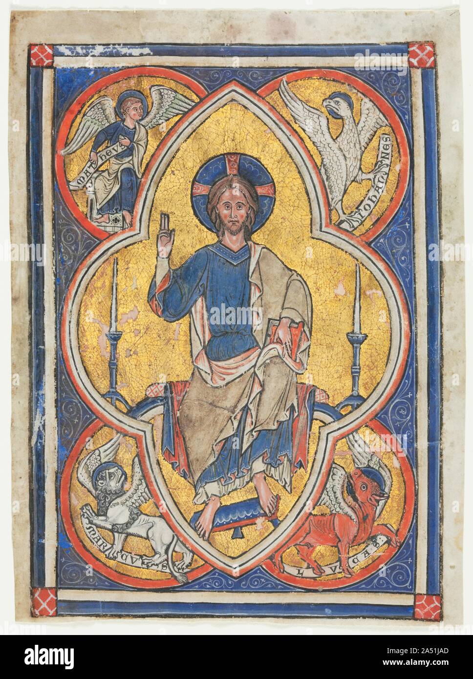Miniature Excised from a Psalter: Christ in Majesty with Symbols of the Four Evangelists, c. 1235. Christ is seated within a cusped frame representing his aura. He is surrounded by the four &quot;living creatures&quot;---the gospel writers---as envisioned by Saint John in his Apocalypse: a winged man (St. Matthew), a lion (St. Mark), an ox (St. Luke), and an eagle (St. John). Stock Photo