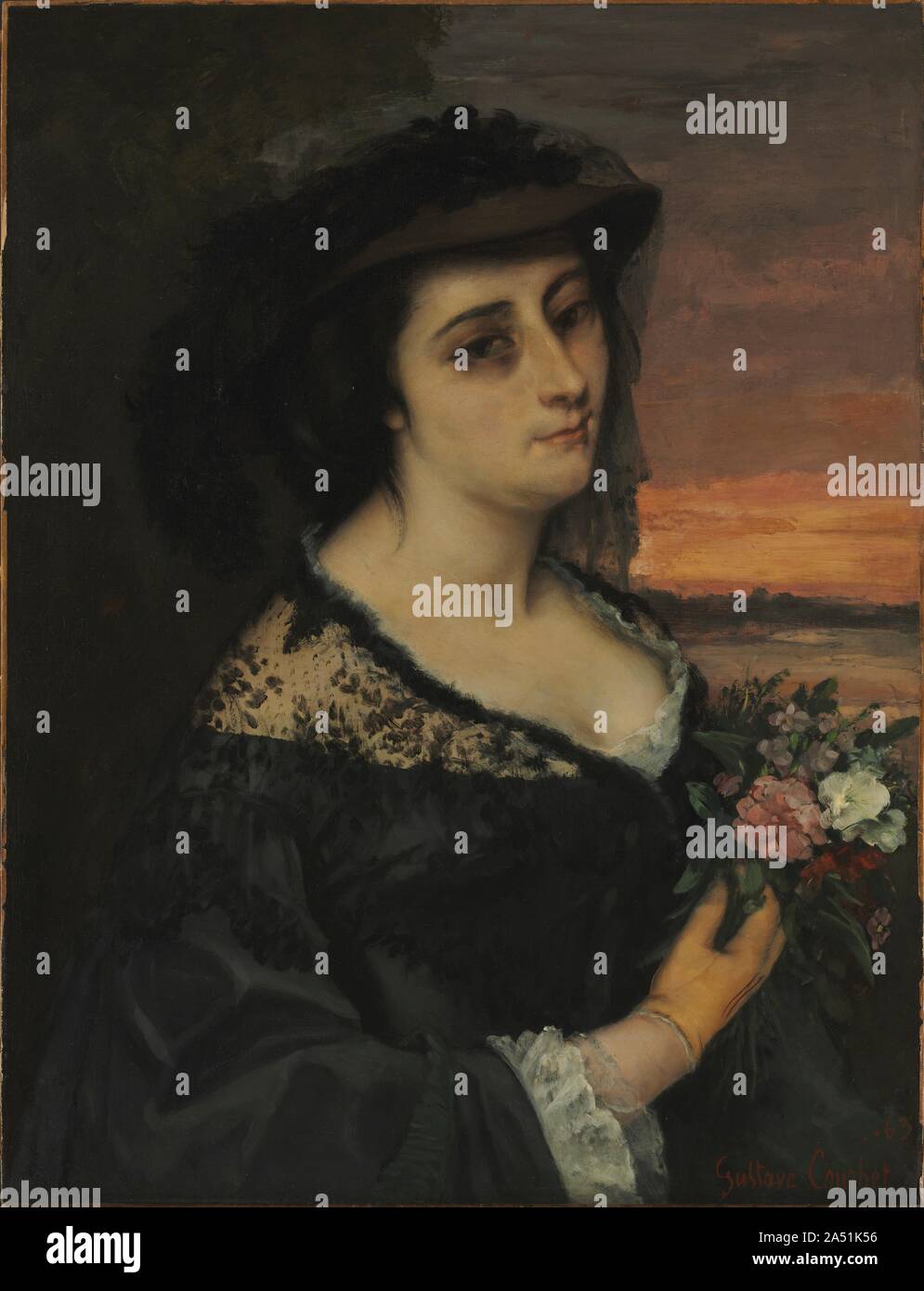 Mme L... (Laure Borreau), 1863. Painted during Courbet's stay in the Saintonge region of western France, this portrait depicts Laure Borreau, owner of a fabric store and ladies confectionery. As the leader of the Realist movement in France, Courbet aimed to convey his democratic and socialist ideals by portraying ordinary people in a truthful, unidealized manner. While considering himself a radical innovator, Courbet nonetheless exhibited this portrait under the title Mme L... at the Paris Salon of 1863. Stock Photo