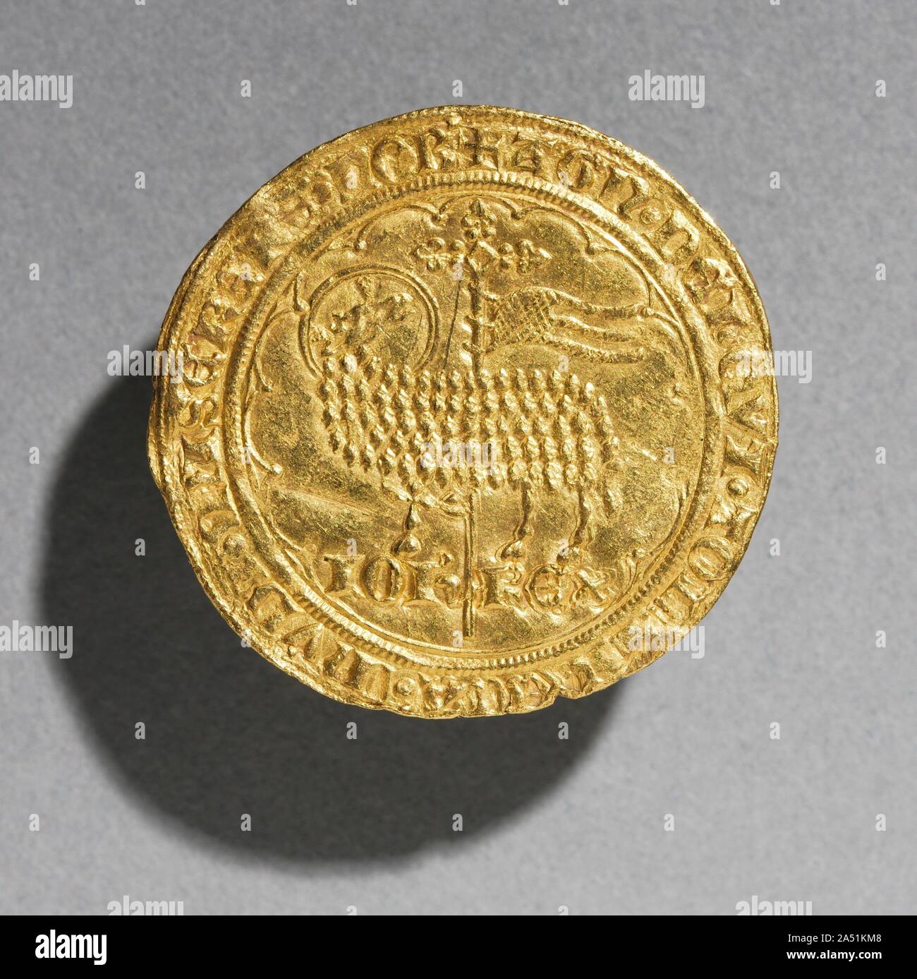 Mouton dOr of King Jean le Bon of France, 1350-1364 (obverse), 1350-1364. Because this gold coin represents the Paschal Lamb, a symbol of Christ, on one of its faces, it is known as a &quot;Golden Sheep&quot;--Mouton dOr in French. Stock Photo