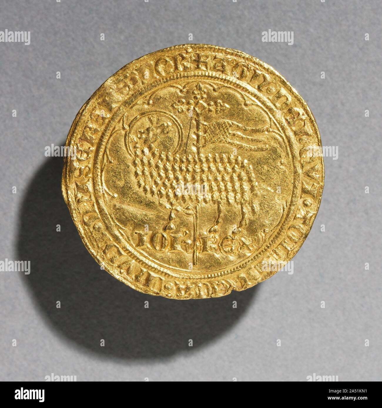 Mouton dOr of King Jean le Bon of France, 1350-1364 , 1350-1364. Because this gold coin represents the Paschal Lamb, a symbol of Christ, on one of its faces, it is known as a &quot;Golden Sheep&quot;--Mouton dOr in French. Stock Photo