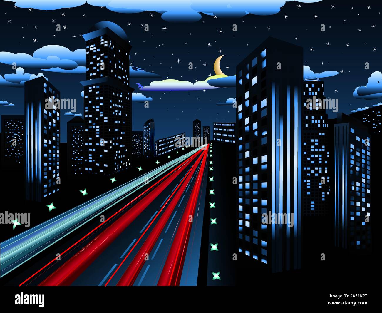 Urban background, skyscrapers and road in the night city Stock Vector ...
