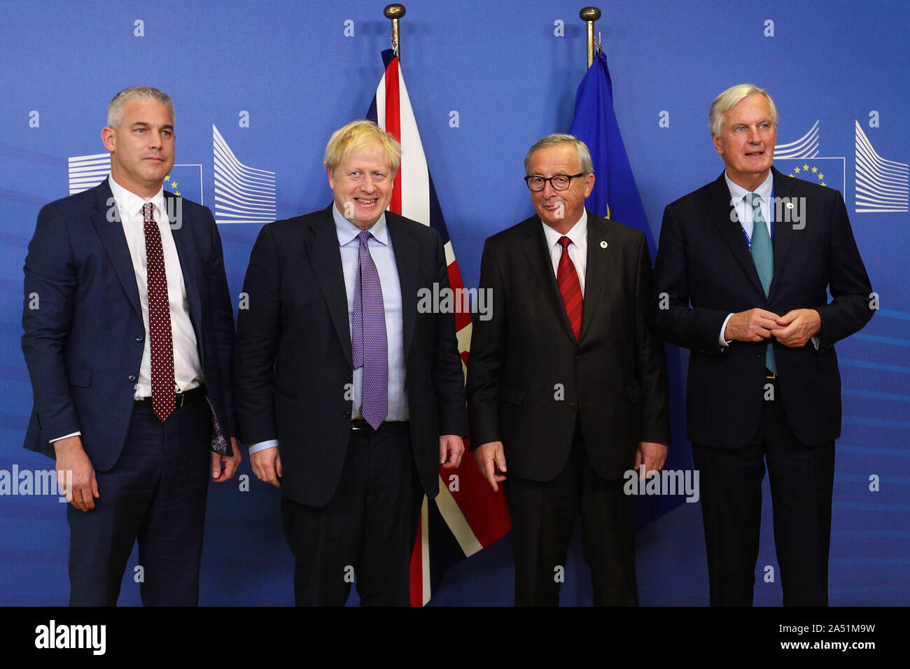 Brussels, Belgium. 17th Oct, 2019. British Prime Minister Boris Johnson (2nd L), British Brexit Secretary Stephen Barclay (1st L), President of the European Commission Jean-Claude Juncker (2nd R) and the EU's chief Brexit negotiator Michel Barnier pose for photos after meeting the press at the European Commission headquarters in Brussels, Belgium, Oct. 17, 2019. The European Union and Britain have reached a new Brexit deal, Jean-Claude Juncker said Thursday on his twitter account. Credit: Zheng Huansong/Xinhua/Alamy Live News Stock Photo