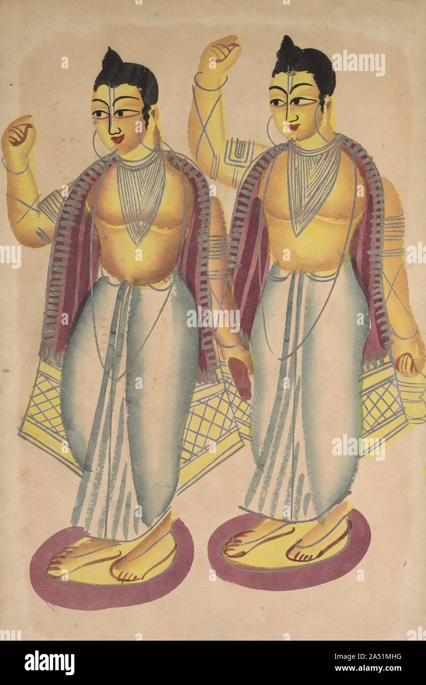 Nitai and Gaur, 1800s. Pictured are Gaur (the Golden One) and Nitai (he who embodies eternal bliss), Gaur&#x2019;s disciple par excellence. Gaur, also known as Chaitanya Mahaprabhu, is believed by his followers to be an incarnation of Lord Krishna. Nitai is believed to be an avatar of Balarama and, therefore, the brother and friend of Krishna. They are depicted here with hands raised, chanting a devotional song. Gift Stock Photo