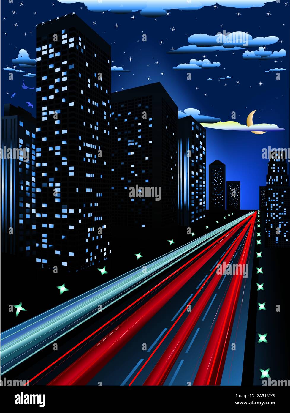 Urban background, skyscrapers and road in the night city Stock Vector ...