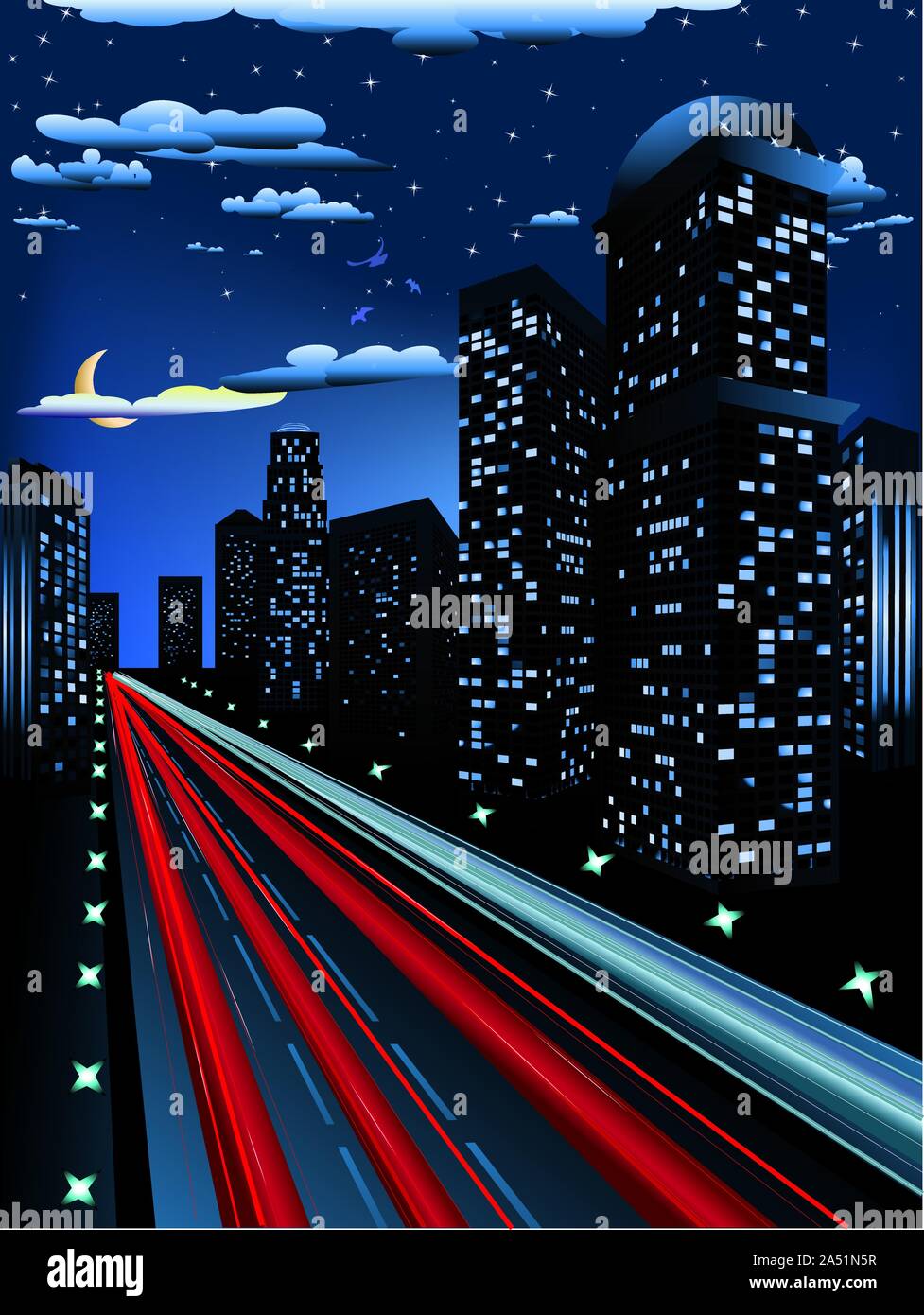 Urban background, skyscrapers and road in the night city Stock Vector ...