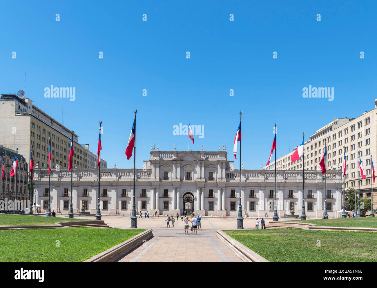 Santiago, La Moneda Palace. Tourists in front of the Palacio de la Moneda, seat of the President of Chile, Santiago, Chile, South America Stock Photo