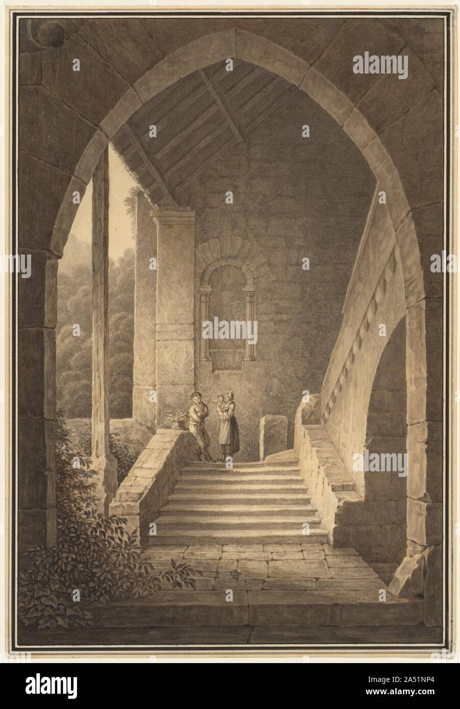 Outer Staircase of a Gothic Ruin (Treppenaufgang einer gotischen Ruine), 1830. Quaglio was recognized as the finest German topographical painter of his generation, and he showed a special affinity for dramatic buildings of the Gothic period. In this watercolour, a young family pauses in the archway of what appears to be a ruined Gothic church. Ivy encroaches upon the stairs, and a dense forest may be seen in the distance. Views of ruined churches juxtaposed by untamed nature frequently appeared in the landscapes of German Romantic artists who believed that nature signified the presence of God. Stock Photo