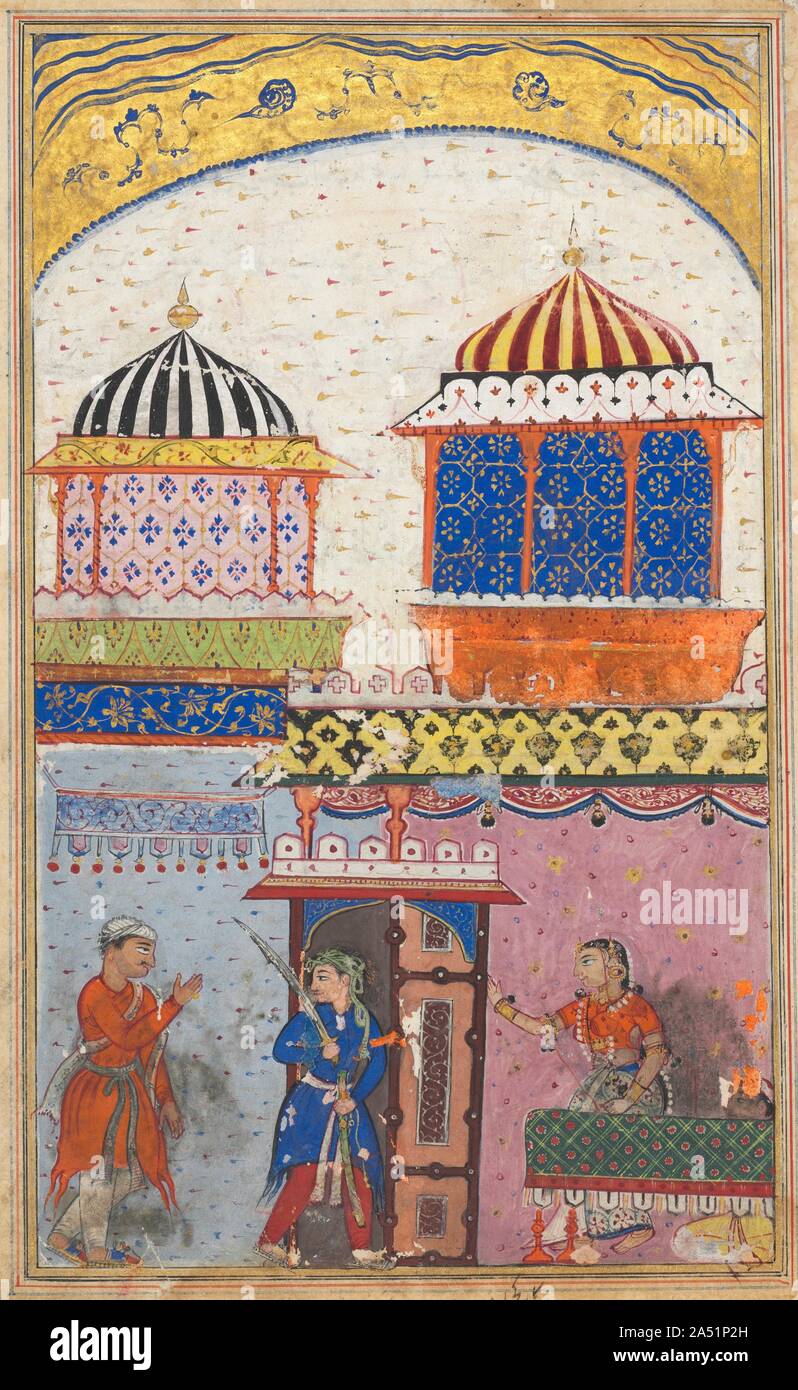 Page from Tales of a Parrot (Tuti-nama): Eighth night: A woman asks her lover to leave her house, brandishing his sword and feigning rage in order to deceive her husband who has just arrived, c. 1560. Stock Photo