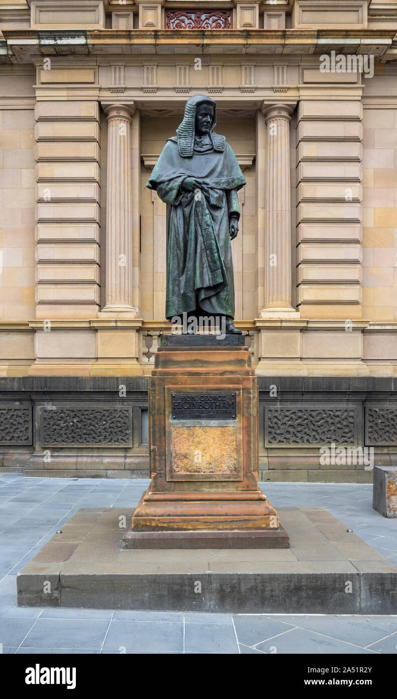 Bronze statue of Higinbotham on Macarthur Street East Melbourne