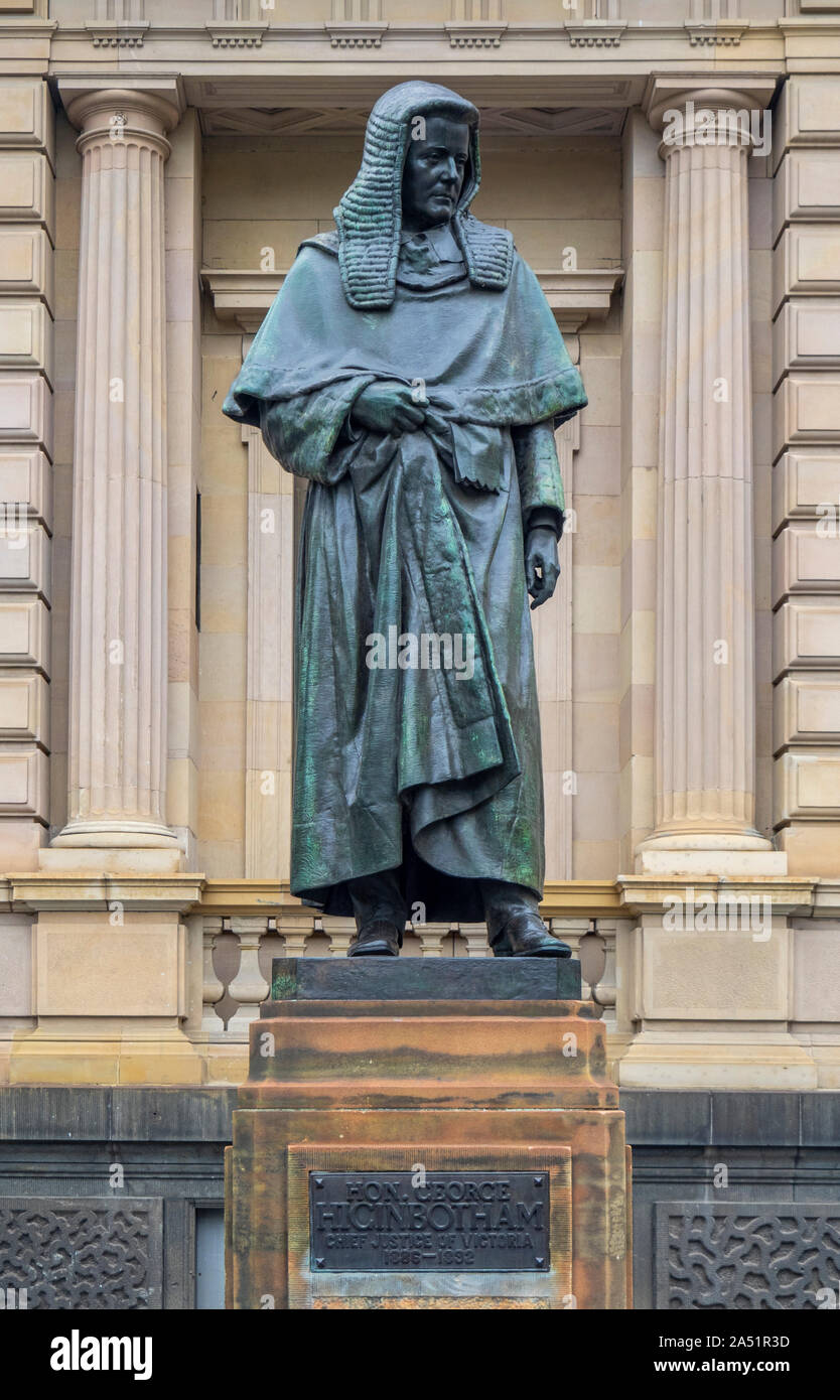 Bronze statue of Higinbotham on Macarthur Street East Melbourne