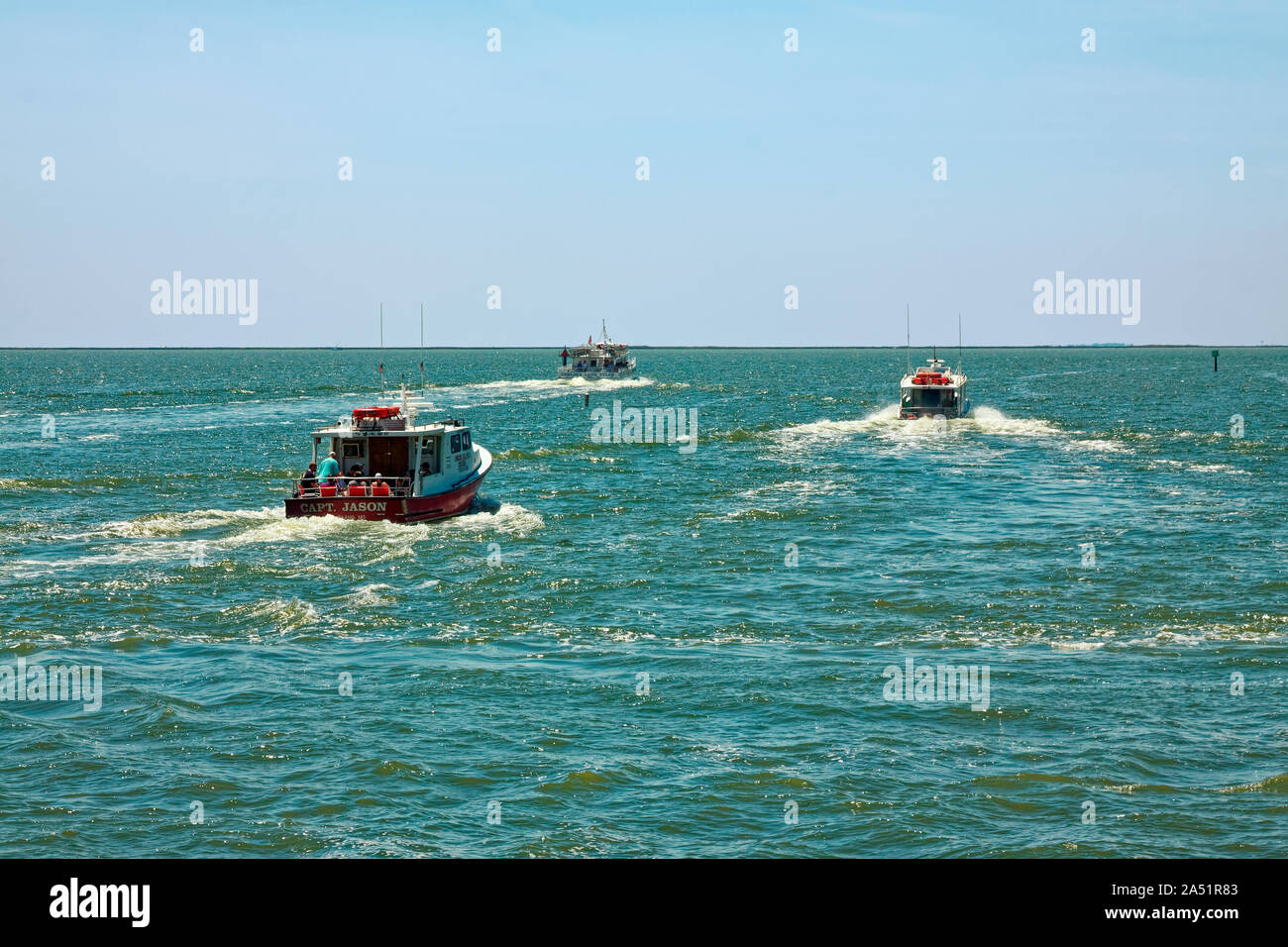 3 tour boats underway; Tangier Sound; marine scene; wide expanse of