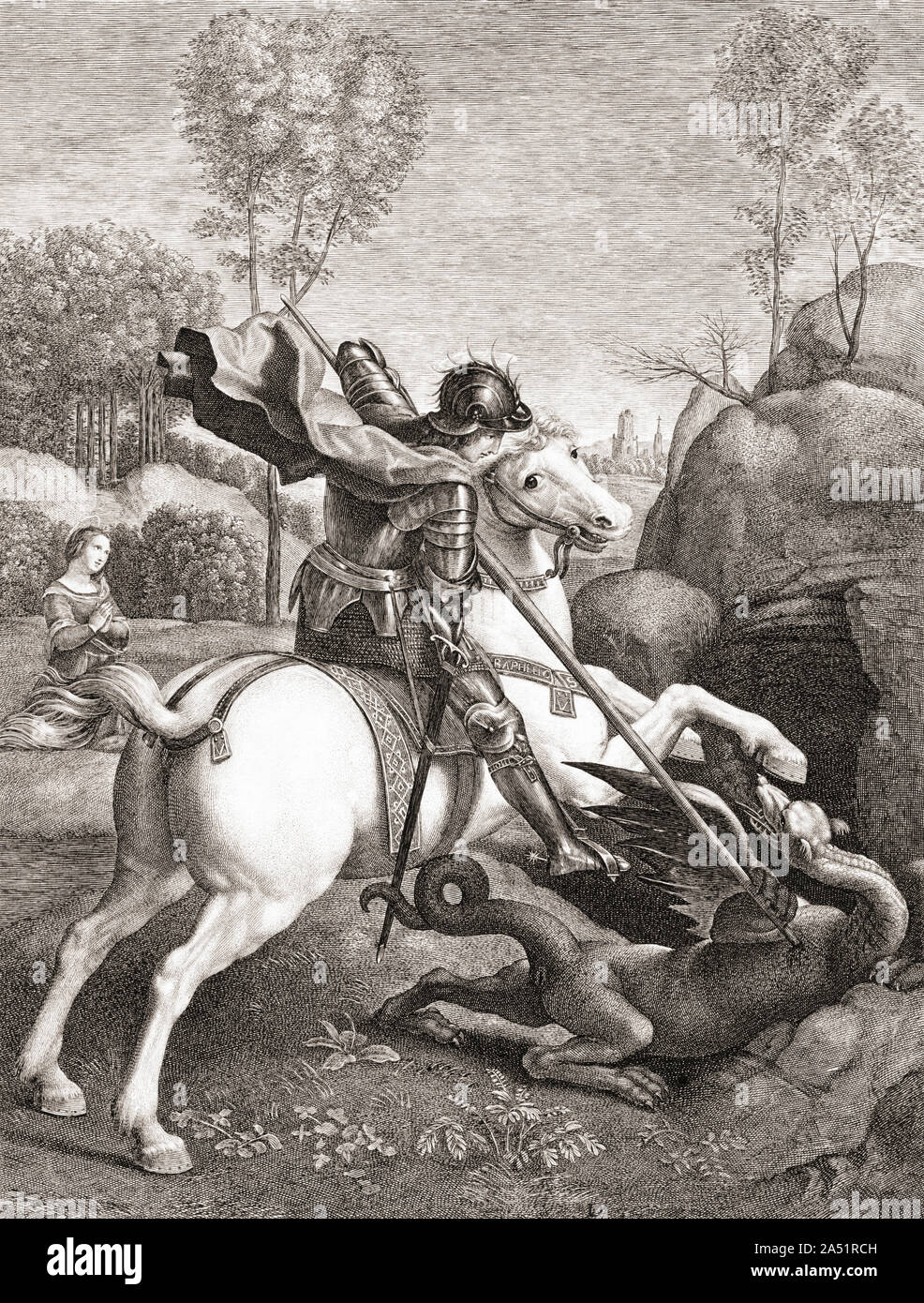St. George and the dragon.  St. George kills the dragon with his spear, thus saving the King’s daughter who was to be sacrificed to the dragon. Stock Photo