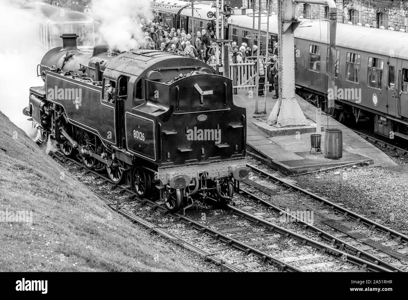 Black railway arrival at Swanage station Dorset, UK Stock Photo