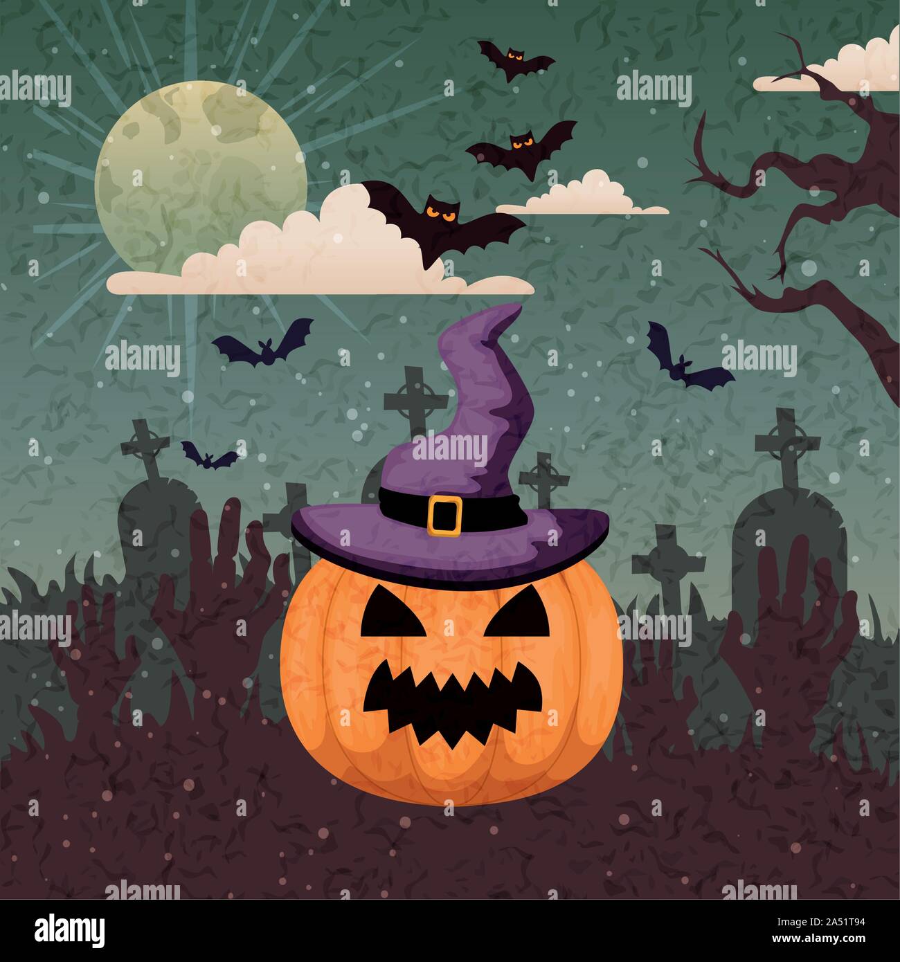 pumpkin with hat of witch in scene halloween Stock Vector Image & Art ...