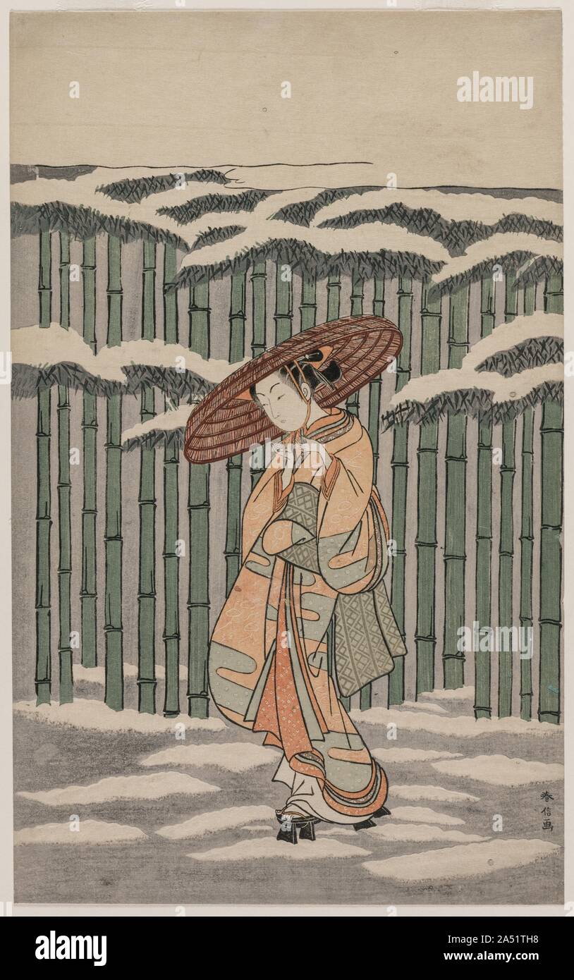 Passing the Bamboo Grove, 1868-1912. The first state of this print was privately issued as a calendar print for 1766, with the months of the year depicted in the woman's sash. It was illegal to sell any type of calendar without a government license, and this print is a later state with the calendar replaced with a checked pattern so that the print could be sold commercially. Stock Photo