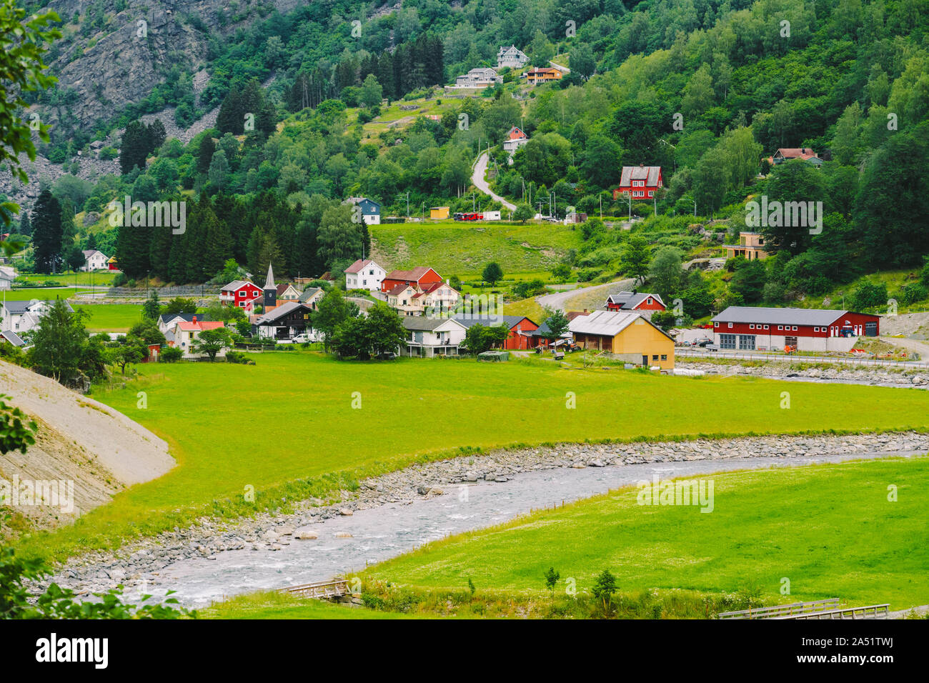 Norway mountain landscape with country houses. Aerial view of the