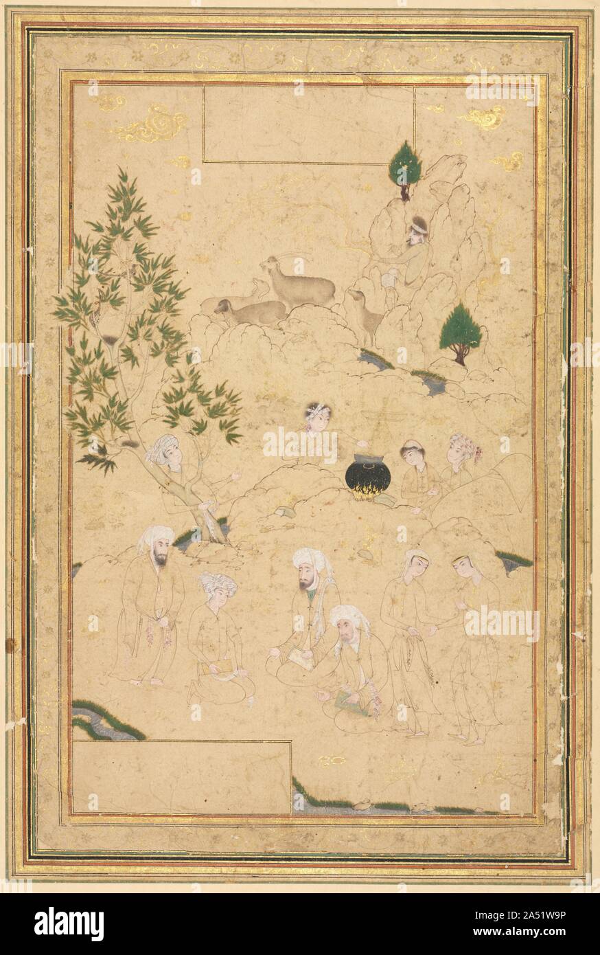 Picnic in the Mountains; Single Page Illustration, c. 1550-1600. Stock Photo