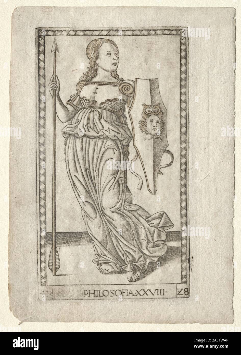 Philosophy (from the Tarocchi, series C: Liberal Arts, #28), before 1467. Conceptually, the liberal arts descended from classical antiquity, and represented knowledge or skills considered necessary to participate in a free society. These four personifications of liberal arts are from a set of 50 engravings depicting philosophical concepts and elements of the world. Although they are called  Tarocchi , the prints differ from traditional tarot cards in that they were more likely devised by a humanist scholar for educational purposes. Philosophy appears as Athena, goddess of war and wisdom; her s Stock Photo