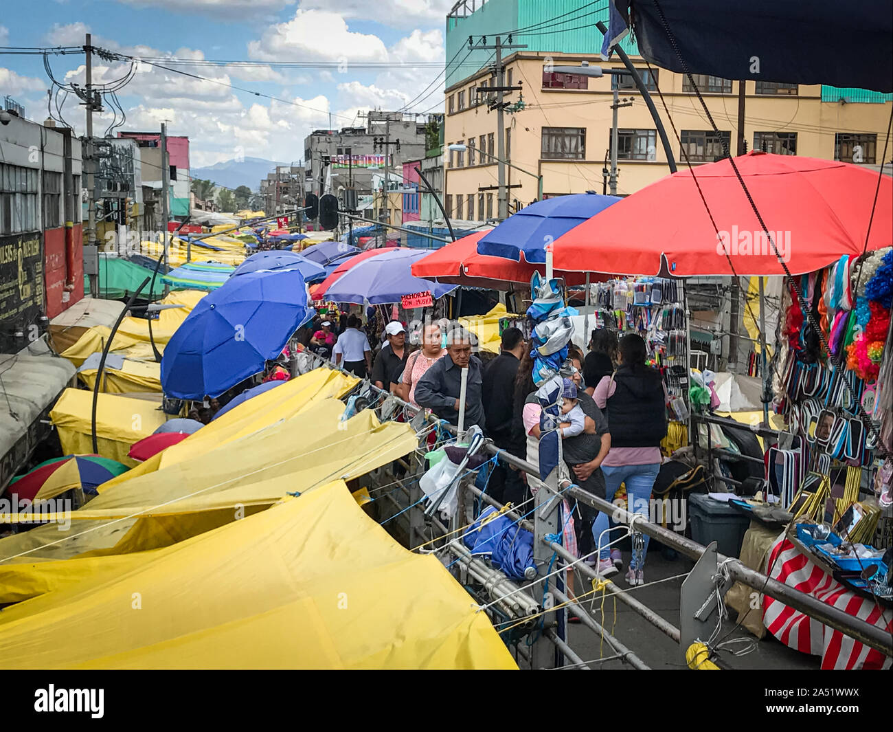 Street stalls agglomerated in the streets of Mexico City. Stock Photo