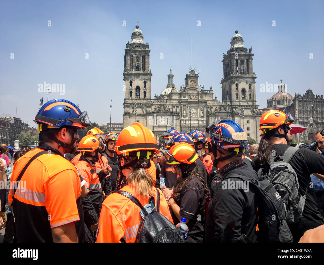 Rescuers of simulated earthquakes in the zocalo of the city of Mexico. Stock Photo