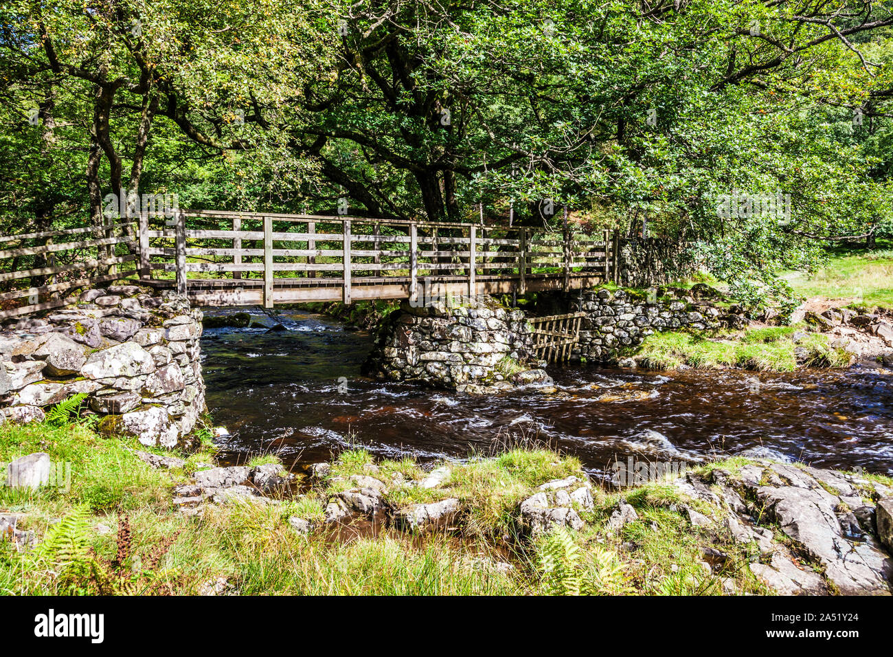 A wooden footbridge over Watendlath Beck in the Lake District National Park, Cumbria. Stock Photo
