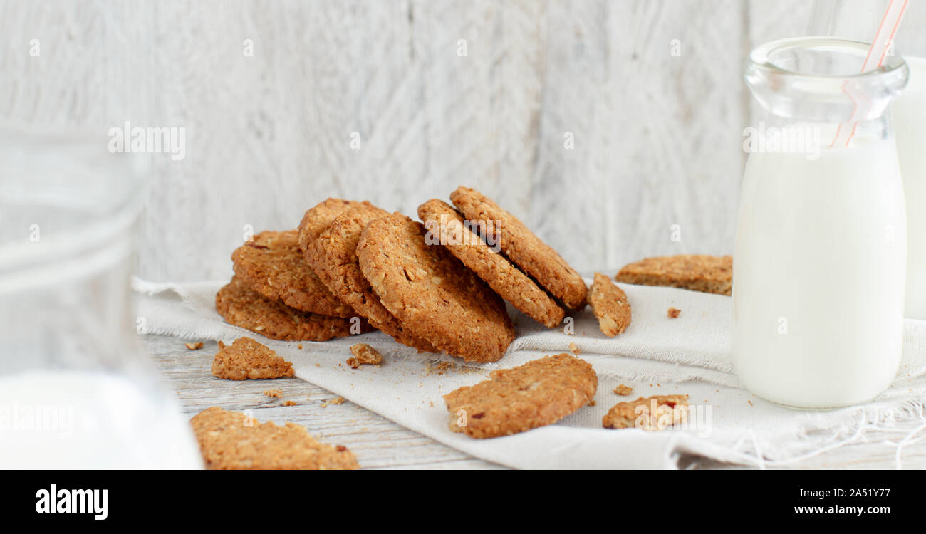 Homemade oatmeal cookies with milk close up Stock Photo Alamy