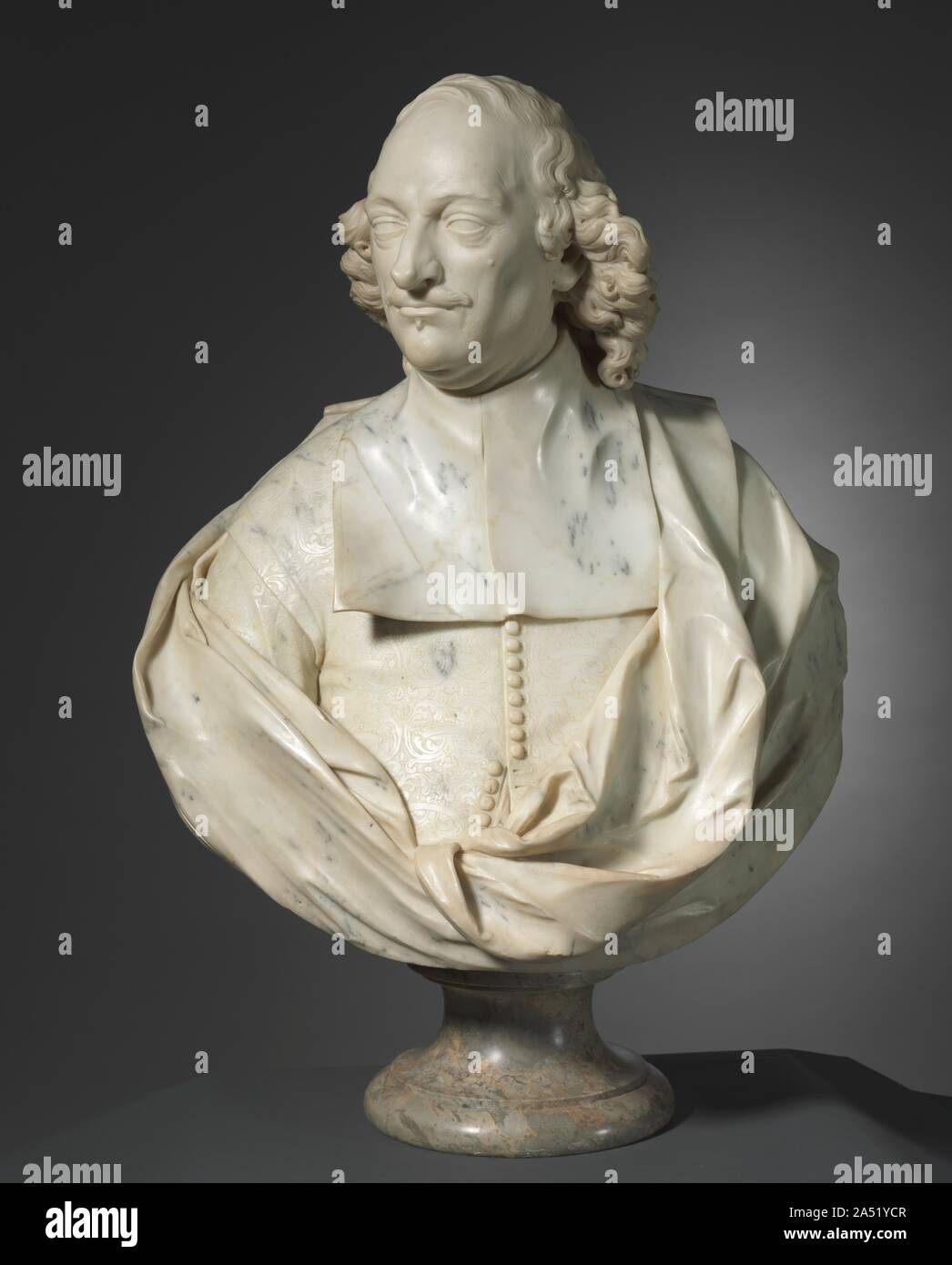 Portrait of Fabrizio Naro, c. 1680. This figure&#x2019;s individualized facial expression, dynamic turn of the head and animated drapery are all characteristic of 17th-century Roman portrait sculpture. Guidi, a pupil of Alessandro Algardi, juxtaposed broad swaths of drapery and deeply drilled and carved hair with delicate surface detail, visible here in the patterning of the jacket and the faint suggestion of a beard. Based on a comparison with a later portrait on the family tomb in the church of Santa Maria sopra Minerva, Rome, the sitter has been identified as Fabrizio Naro (d. 1697), marqui Stock Photo