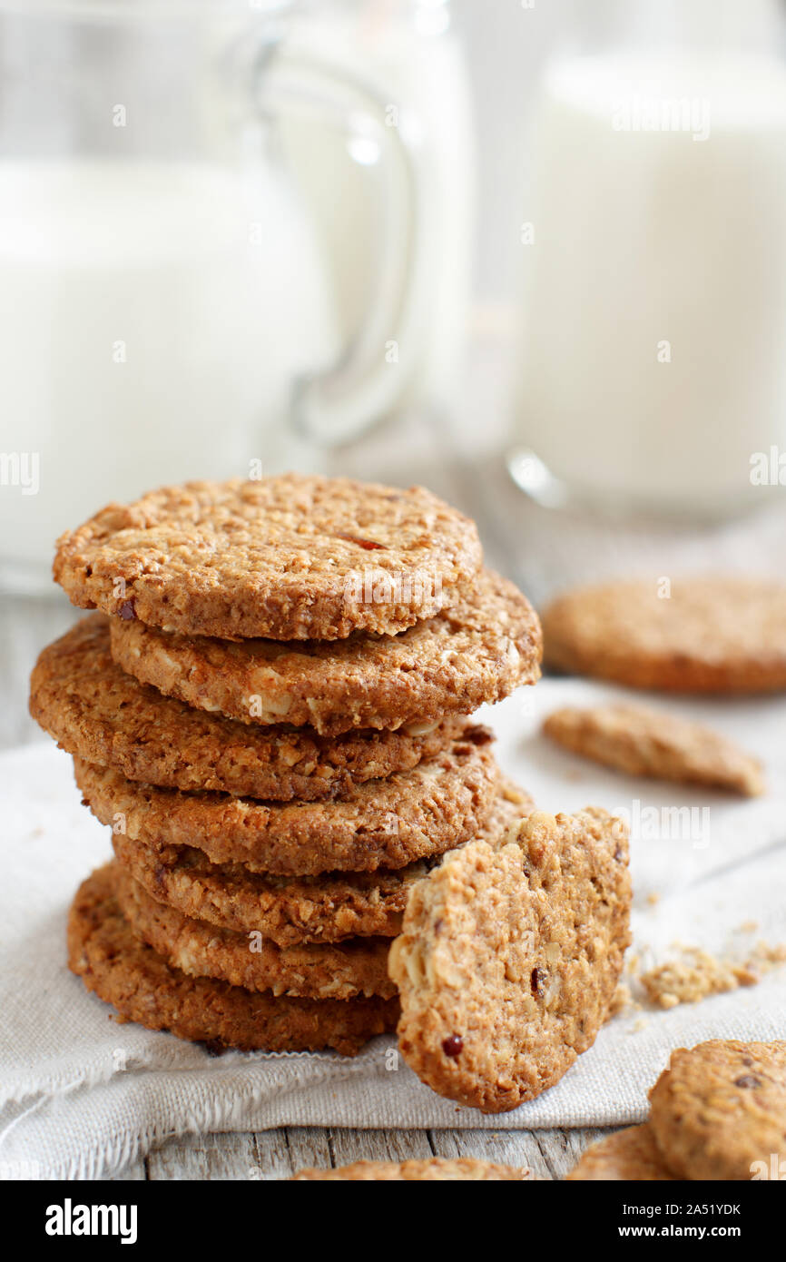 Homemade oatmeal cookies with milk close up Stock Photo Alamy