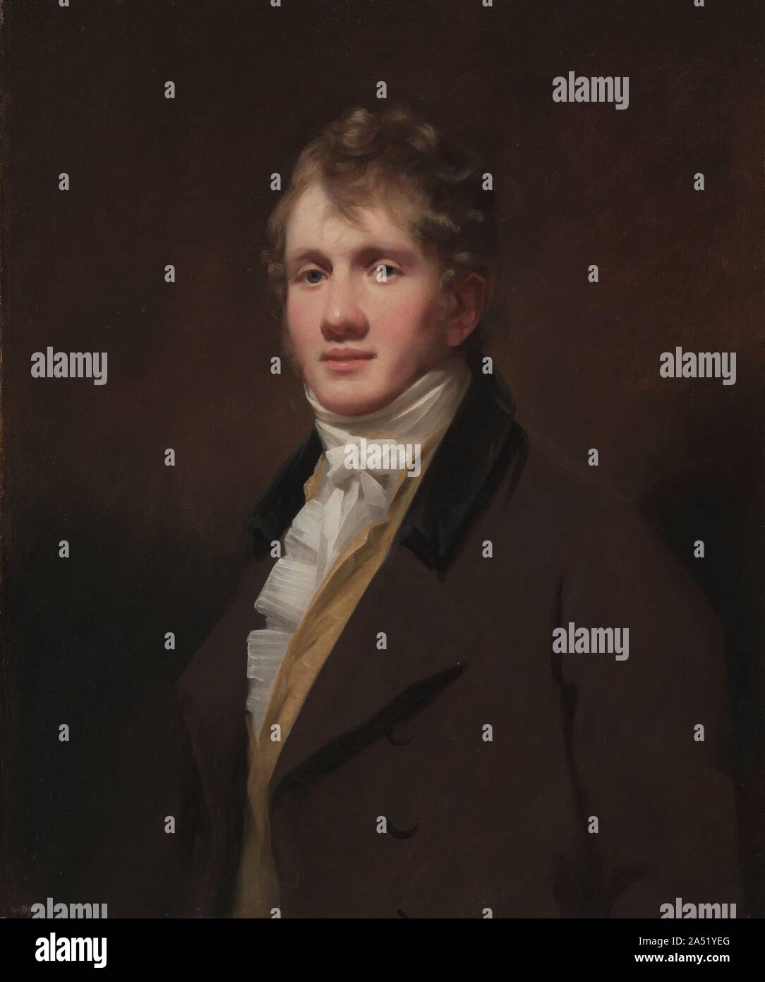 Portrait of Hugh Hope, c. 1810. Raeburn painted directly on the canvas without any preliminary drawing, often giving his works an informal, spontaneous air. Although greatly influenced by his English predecessor Joshua Reynolds, Raeburn worked in a looser style, more like the work of his younger contemporary Thomas Lawrence. Raeburn painted this portrait of Edinburgh native Hugh Hope around 1810 before Hope departed for India, where he worked as a civil servant. Stock Photo