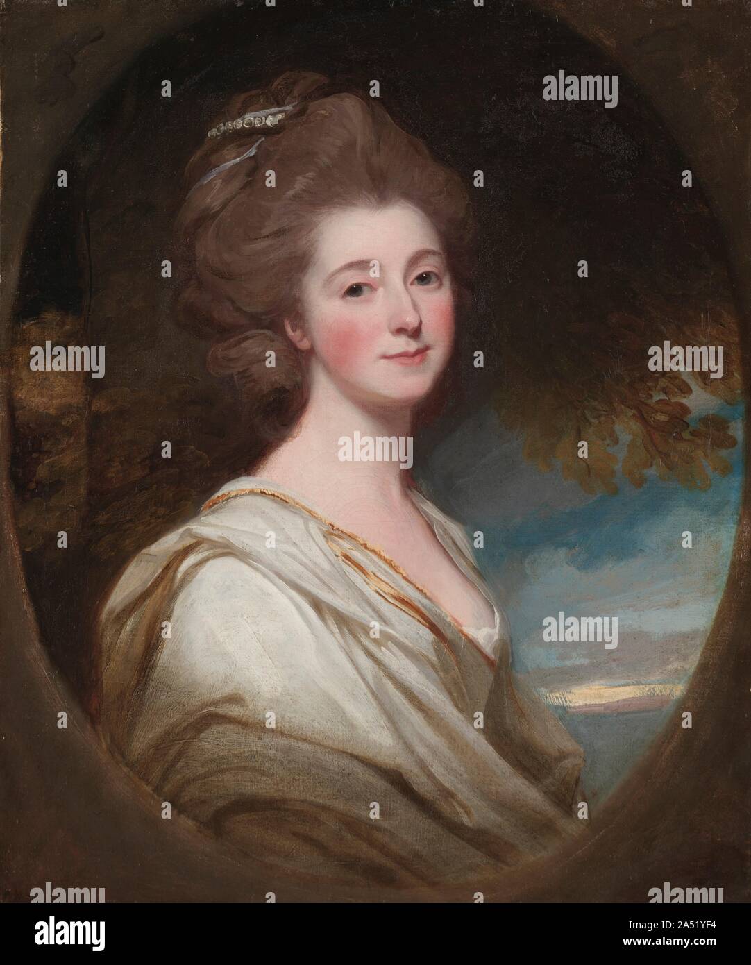 Portrait of Jane Hoskyns, c. 1778-1780. The sitter married Sir John Read in 1774, who also sat for a portrait by the artist in 1788. Born in Lancashire, Romney first apprenticed in his father&#x2019;s cabinetmaker&#x2019;s shop. He worked in the north of England until 1762, when he settled in London. There he became a successful portraitist, alongside Joshua Reynolds and Thomas Gainsborough. As with many successful portraitists, his heart lay elsewhere and he dreamed of making history paintings, but his plans for grandiose compositions rarely advanced beyond drawings. Stock Photo