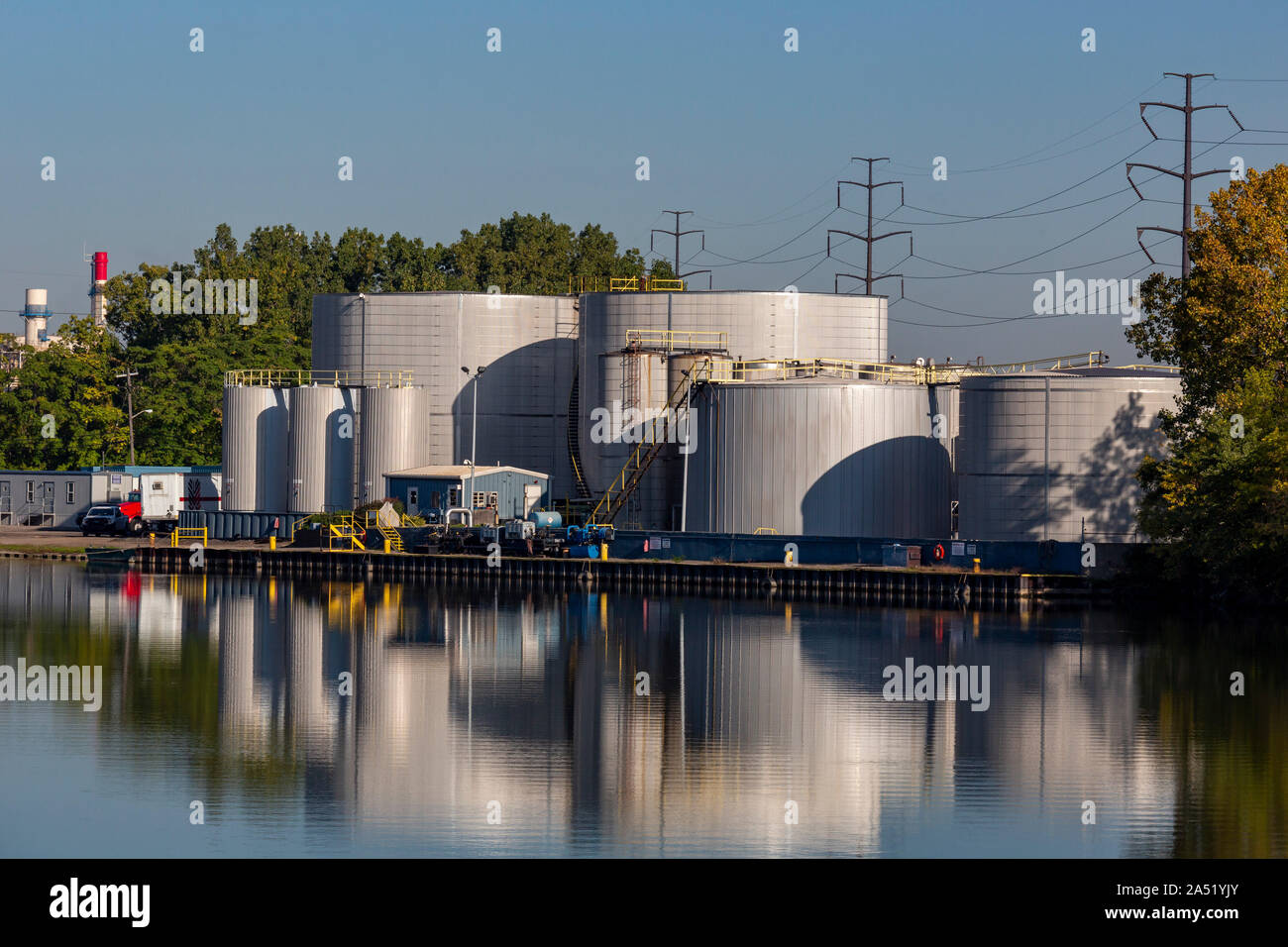 Dearborn, Michigan - Marine fuel storage tanks along the Rouge River at the Waterfront Petroleum Terminal Company. Stock Photo