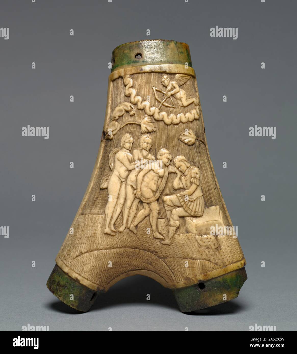 Powder Flask, c. 1550-1580. Powder flasks are small, portable containers designed to hold gunpowder. From the 1400s to the 1800s, powder flasks were indispensable for charging and priming firearms of all types. Without powder flasks firearms were of little use to their owners. Many highly decorated flasks rank as works of art. During the 1500s, they were frequently decorated with images of famous historical figures. Here the figures of the Judgment of Paris come from Greek antiquity. Stock Photo