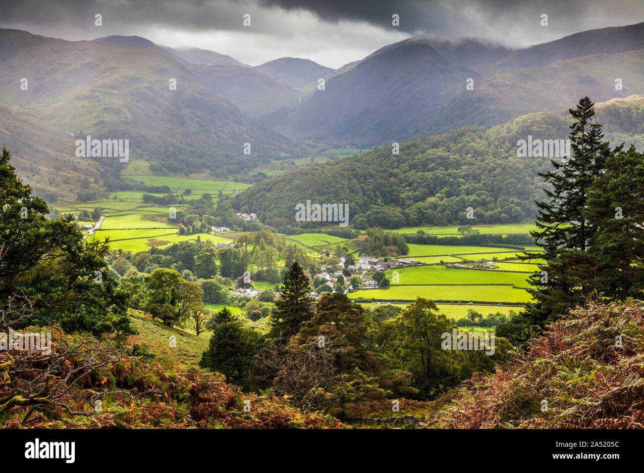 Borrowdale and the village of Rosthwaite in the Lake District National Park, Cumbria. Stock Photo